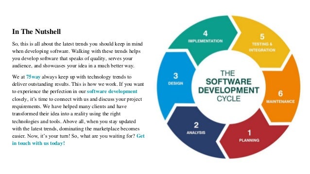 In The Nutshell
So, this is all about the latest trends you should keep in mind
when developing software. Walking with these trends helps
you develop software that speaks of quality, serves your
audience, and showcases your idea in a much better way.
We at 75way always keep up with technology trends to
deliver outstanding results. This is how we work. If you want
to experience the perfection in our software development
closely, it’s time to connect with us and discuss your project
requirements. We have helped many clients and have
transformed their idea into a reality using the right
technologies and tools. Above all, when you stay updated
with the latest trends, dominating the marketplace becomes
easier. Now, it’s your turn! So, what are you waiting for? Get
in touch with us today!
 