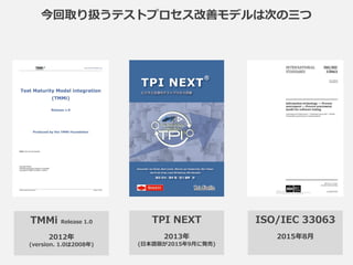 今回取り扱うテストプロセス改善モデルは次の三つ
TPI NEXT
2009年
(日本語版が2015年9月に発売)
ISO/IEC 33063
2015年8月
TMMi Release 1.0
2012年
(version. 1.0は2008年)
 