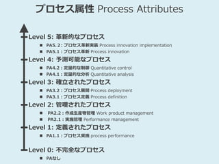 プロセス属性 Process Attributes
Level 0: 不完全なプロセス
 PAなし
Level 1: 定義されたプロセス
 PA1.1：プロセス実施 process performance
Level 2: 管理されたプロセス
 PA2.2：作成生産物管理 Work product management
 PA2.1：実施管理 Performance management
Level 3: 確立されたプロセス
 PA3.2：プロセス展開 Process deployment
 PA3.1：プロセス定義 Process definition
Level 4: 予測可能なプロセス
 PA4.2：定量的な制御 Quantitative control
 PA4.1：定量的な分析 Quantitative analysis
Level 5: 革新的なプロセス
 PA5.２: プロセス革新実装 Process innovation implementation
 PA5.1：プロセス革新 Process innovation
 