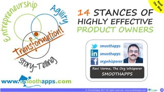 ‹#›26© SmoothApps 2017 All rights reserved. www.smoothapps.com
smoothapps
smoothapps
orgwhisperer
Ravi Verma, The Org Whisperer
SMOOTHAPPS
14 STANCES OF
HIGHLY EFFECTIVE
PRODUCT OWNERS
 