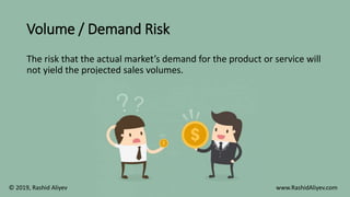 Volume / Demand Risk
The risk that the actual market’s demand for the product or service will
not yield the projected sales volumes.
© 2019, Rashid Aliyev www.RashidAliyev.com
 