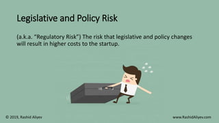 Legislative and Policy Risk
(a.k.a. “Regulatory Risk”) The risk that legislative and policy changes
will result in higher costs to the startup.
© 2019, Rashid Aliyev www.RashidAliyev.com
 