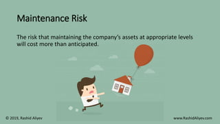 Maintenance Risk
The risk that maintaining the company’s assets at appropriate levels
will cost more than anticipated.
© 2019, Rashid Aliyev www.RashidAliyev.com
 