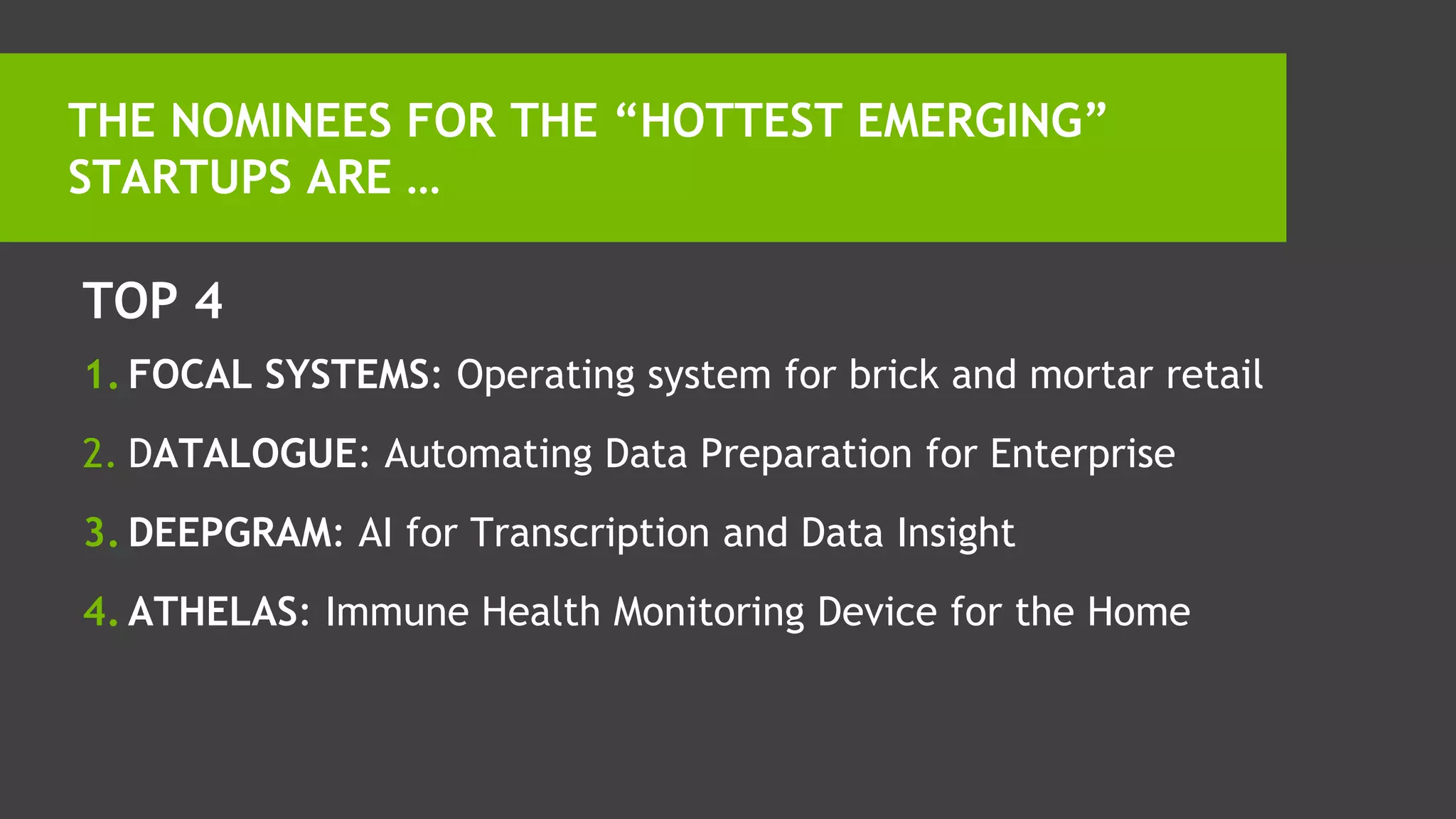 TOP 4
1. FOCAL SYSTEMS: Operating system for brick and mortar retail
2. DATALOGUE: Automating Data Preparation for Enterprise
3. DEEPGRAM: AI for Transcription and Data Insight
4. ATHELAS: Immune Health Monitoring Device for the Home
THE NOMINEES FOR THE “HOTTEST EMERGING”
STARTUPS ARE …
 