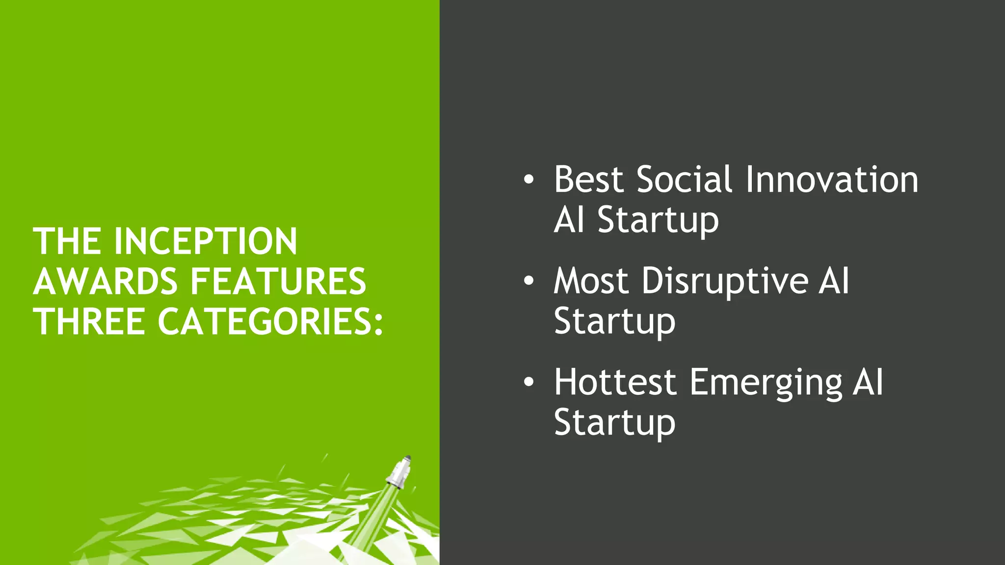 THE INCEPTION
AWARDS FEATURES
THREE CATEGORIES:
• Best Social Innovation
AI Startup
• Most Disruptive AI
Startup
• Hottest Emerging AI
Startup
 