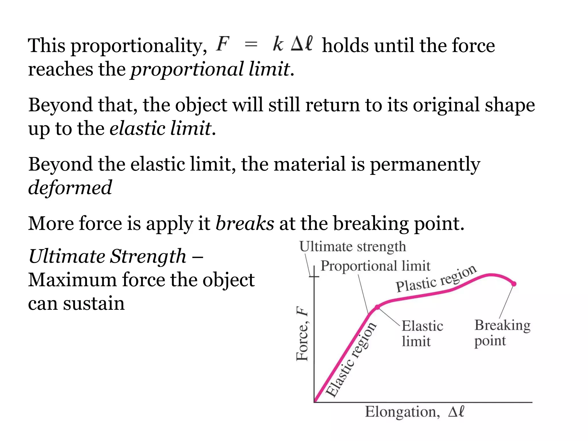 Ultimate Strength  – Maximum force the object can sustain This proportionality,   holds until the force reaches the  proportional limit .  Beyond that, the object will still return to its original shape up to the  elastic limit .  Beyond the elastic limit, the material is permanently  deformed More force is apply it  breaks  at the breaking point. 