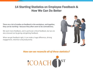 14 Startling Statistics on Employee Feedback &
How We Can Do Better
There are a lot of studies on feedback in the workplace, and together,
they can be startling—because they often seem to be contradictory.
We want more feedback, and in particular critical feedback, but we are
also stressed out by giving and getting feedback.
When we get feedback right, it can make a huge difference, driving
engagement, retention and productivity
How can we reconcile all of these statistics?
 