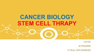 CANCER BIOLOGY
STEM CELL THRAPY
LS1154
M.THILAKAR
4th M.Sc. LIFE SCIENCES
 