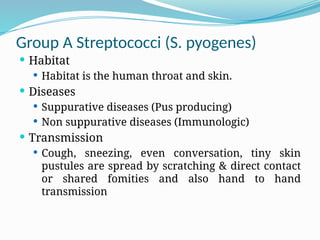 Group A Streptococci (S. pyogenes)
 Habitat
 Habitat is the human throat and skin.
 Diseases
 Suppurative diseases (Pus producing)
 Non suppurative diseases (Immunologic)
 Transmission
 Cough, sneezing, even conversation, tiny skin
pustules are spread by scratching & direct contact
or shared fomities and also hand to hand
transmission
 