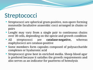 Streptococci
 Streptococci are spherical gram-positive, non-spore forming
nonmotile facultative anaerobic cocci arranged in chains or
pairs
 Lenght may vary from a single pair to continuous chains
over 30 cells, depending on the specie and growth condition
 All streptococci are catalase-negative, whereas
staphylococci are catalase-positive
 Some members form capsules composed of polysaccharide
complexes or hyaluronic acid
 Streptococci grow best in enriched media. Sheep blood agar
is prefered because it satisfies the growth requirements and
also serves as an indicator for paatterns of hemolysis
 