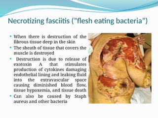 Necrotizing fasciitis (”flesh eating bacteria”)
 When there is destruction of the
fibrous tissue deep in the skin
 The sheath of tissue that covers the
muscle is destroyed
 Destruction is due to release of
exotoxin A that stimulates
production of cytokines damaging
endothelial lining and leaking fluid
into the extravascular space
causing diminished blood flow,
tissue hypoxemia, and tissue death
 Can also be caused by Staph
aureus and other bacteria
 