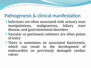 Pathogenesis & clinical manifestation
 Infections are often associated with urinary tract
manipulations, malignancies, biliary tract
disease, and gastrointestinal disorders
 Vascular or peritoneal catheters are often points
of entry
 There is sometimes an associated bacteremia,
which can result in the development of
endocarditis on previously damaged cardiac
valves
 