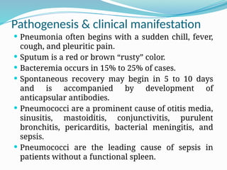 Pathogenesis & clinical manifestation
 Pneumonia often begins with a sudden chill, fever,
cough, and pleuritic pain.
 Sputum is a red or brown “rusty” color.
 Bacteremia occurs in 15% to 25% of cases.
 Spontaneous recovery may begin in 5 to 10 days
and is accompanied by development of
anticapsular antibodies.
 Pneumococci are a prominent cause of otitis media,
sinusitis, mastoiditis, conjunctivitis, purulent
bronchitis, pericarditis, bacterial meningitis, and
sepsis.
 Pneumococci are the leading cause of sepsis in
patients without a functional spleen.
 