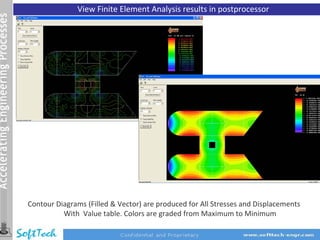 View Finite Element Analysis results in postprocessor




Contour Diagrams (Filled & Vector) are produced for All Stresses and Displacements
          With Value table. Colors are graded from Maximum to Minimum
 