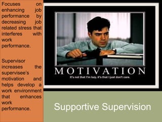 Supportive Supervision
Focuses on
enhancing job
performance by
decreasing job
related stress that
interferes with
work
performance.
Supervisor
increases the
supervisee’s
motivation and
helps develop a
work environment
that enhances
work
performance.
 