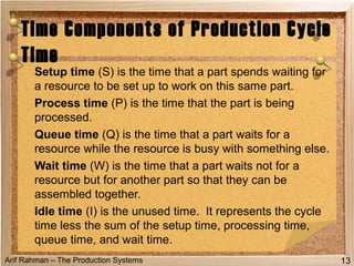 Arif Rahman – The Production Systems
Setup time (S) is the time that a part spends waiting for
a resource to be set up to work on this same part.
Process time (P) is the time that the part is being
processed.
Queue time (Q) is the time that a part waits for a
resource while the resource is busy with something else.
Wait time (W) is the time that a part waits not for a
resource but for another part so that they can be
assembled together.
Idle time (I) is the unused time. It represents the cycle
time less the sum of the setup time, processing time,
queue time, and wait time.
Time Components of Production Cycle
Time
13
 