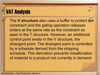 Arif Rahman – The Production Systems
The V structure also uses a buffer to protect the
constraint and the gating operation releases
orders at the same rate as the constraint as
seen in the T structure. However, an additional
control point exists in the V structure, the
divergent point. The divergent point is controlled
by a schedule derived from the shipping
schedule. This derivation prevents misallocation
of material to a product not currently in demand.
VAT Analysis
23
 