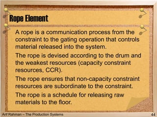 Arif Rahman – The Production Systems
A rope is a communication process from the
constraint to the gating operation that controls
material released into the system.
The rope is devised according to the drum and
the weakest resources (capacity constraint
resources, CCR).
The rope ensures that non-capacity constraint
resources are subordinate to the constraint.
The rope is a schedule for releasing raw
materials to the floor.
Rope Element
44
 