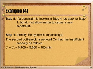 Arif Rahman – The Production Systems
Step 5: If a constraint is broken in Step 4, go back to Step
1, but do not allow inertia to cause a new
constraint.
Step 1: Identify the system's constraint(s).
The second bottleneck is workcell C4 that has insufficient
capacity as follows
CR – CA = 9,700 – 9,600 = 100 min
Examples (4)
67
 