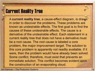 Arif Rahman – The Production Systems
A current reality tree, a cause-effect diagram, is drawn
in order to discover the problems. These problems are
known as undesirable effects. The first goal is to find the
causes of these undesirable effects. The cause is a
derivative of the undesirable effect. Each statement in a
current reality tree that does not have a derivative must
be a root cause. The root cause is labeled a core
problem, the major improvement target. The solution to
this core problem is apparently not readily available. If it
were, then the problem would have already been solved.
Some conflict, therefore, must exist that prevents an
immediate solution. This conflict becomes evident upon
the construction of an evaporating cloud.
Current Reality Tree
74
 