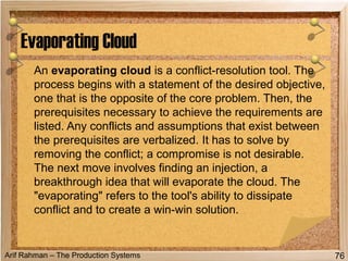 Arif Rahman – The Production Systems
An evaporating cloud is a conflict-resolution tool. The
process begins with a statement of the desired objective,
one that is the opposite of the core problem. Then, the
prerequisites necessary to achieve the requirements are
listed. Any conflicts and assumptions that exist between
the prerequisites are verbalized. It has to solve by
removing the conflict; a compromise is not desirable.
The next move involves finding an injection, a
breakthrough idea that will evaporate the cloud. The
"evaporating" refers to the tool's ability to dissipate
conflict and to create a win-win solution.
Evaporating Cloud
76
 