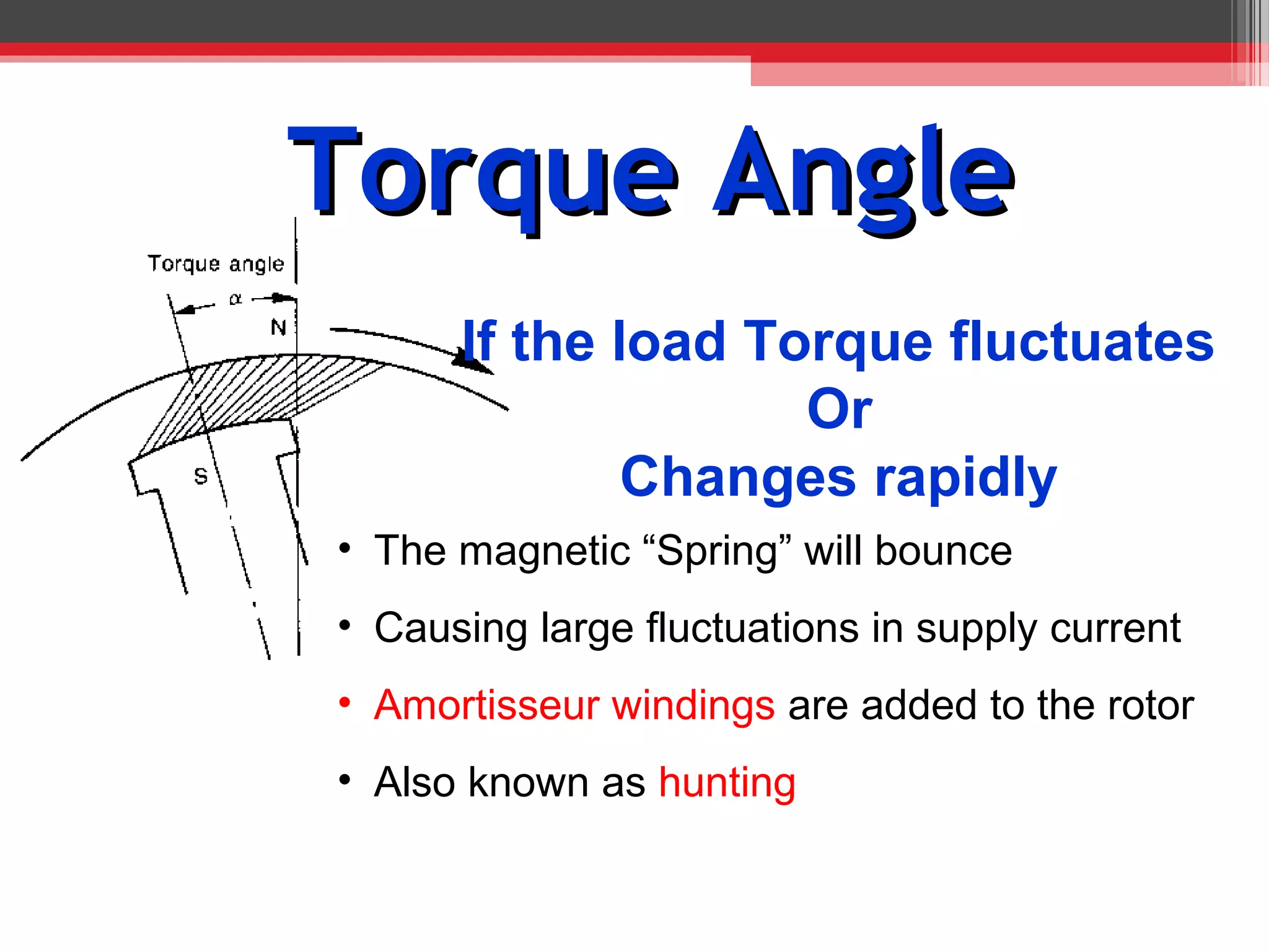 Torque Angle
      If the load Torque fluctuates
                    Or
              Changes rapidly
• The magnetic “Spring” will bounce
• Causing large fluctuations in supply current
• Amortisseur windings are added to the rotor
• Also known as hunting
 