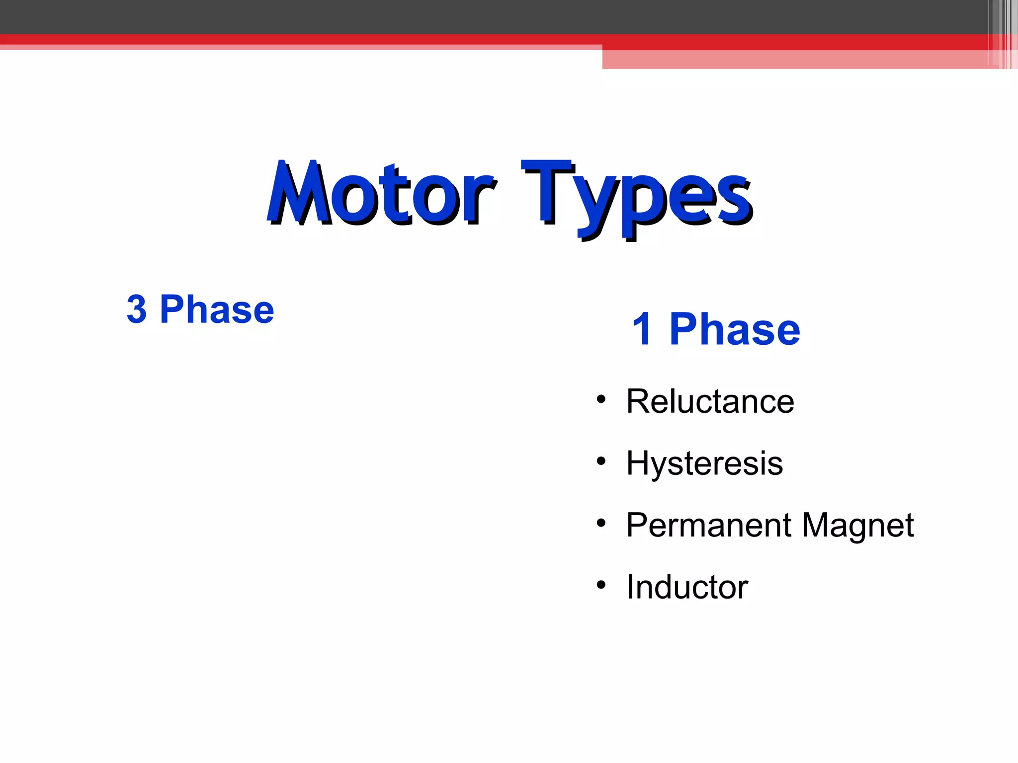 Motor Types
3 Phase
               1 Phase
             • Reluctance
             • Hysteresis
             • Permanent Magnet
             • Inductor
 