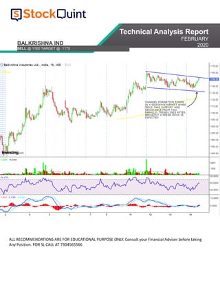 Technical Analysis Report
FEBRUARY
2020BALKRISHNA IND
SELL @ 1160 TARGET @ 1175
ALL RECOMMENDATIONS ARE FOR EDUCATIONAL PURPOSE ONLY. Consult your Financial Adviser before taking
Any Position. FOR SL CALL AT 7304565566
 