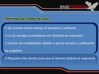 BASETEÓRICA


Desventajas de la prueba de ensayo


Se invierte mucho tiempo al revisarla y calificarla.

Le da ventaja al estudiante con facilidad de expresión.

Carece de confiabilidad, debido a que la revisión y calificación

es subjetiva.

Requiere más tiempo para que el alumno elabore la respuesta.
 