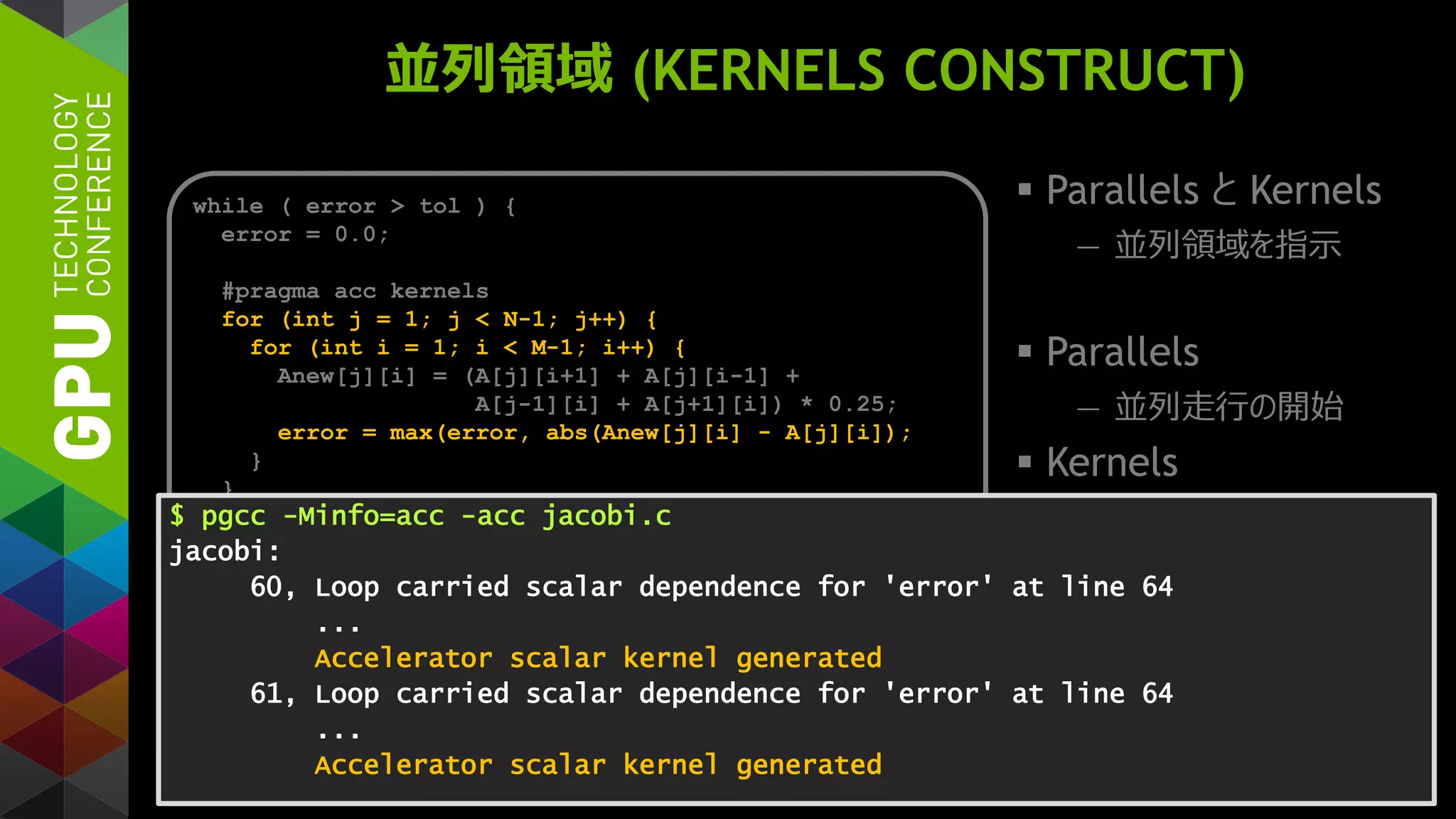 並列領域 (KERNELS CONSTRUCT)
 Parallels と Kernels
— 並列領域を指示
 Parallels
— 並列走行の開始
 Kernels
— 複数のGPUカーネル
while ( error > tol ) {
error = 0.0;
#pragma acc kernels
for (int j = 1; j < N-1; j++) {
for (int i = 1; i < M-1; i++) {
Anew[j][i] = (A[j][i+1] + A[j][i-1] +
A[j-1][i] + A[j+1][i]) * 0.25;
error = max(error, abs(Anew[j][i] - A[j][i]);
}
}
#pragma acc kernels
for (int j = 1; j < N-1; j++) {
for (int i = 1; i < M-1; i++) {
A[j][i] = Anew[j][i];
}
}
}
$ pgcc -Minfo=acc -acc jacobi.c
jacobi:
60, Loop carried scalar dependence for 'error' at line 64
...
Accelerator scalar kernel generated
61, Loop carried scalar dependence for 'error' at line 64
...
Accelerator scalar kernel generated
 