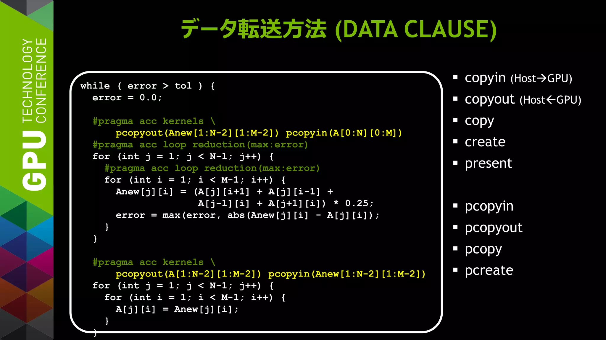 データ転送方法 (DATA CLAUSE)
 copyin (HostGPU)
 copyout (HostGPU)
 copy
 create
 present
 pcopyin
 pcopyout
 pcopy
 pcreate
while ( error > tol ) {
error = 0.0;
#pragma acc kernels 
pcopyout(Anew[1:N-2][1:M-2]) pcopyin(A[0:N][0:M])
#pragma acc loop reduction(max:error)
for (int j = 1; j < N-1; j++) {
#pragma acc loop reduction(max:error)
for (int i = 1; i < M-1; i++) {
Anew[j][i] = (A[j][i+1] + A[j][i-1] +
A[j-1][i] + A[j+1][i]) * 0.25;
error = max(error, abs(Anew[j][i] - A[j][i]);
}
}
#pragma acc kernels 
pcopyout(A[1:N-2][1:M-2]) pcopyin(Anew[1:N-2][1:M-2])
for (int j = 1; j < N-1; j++) {
for (int i = 1; i < M-1; i++) {
A[j][i] = Anew[j][i];
}
}
 