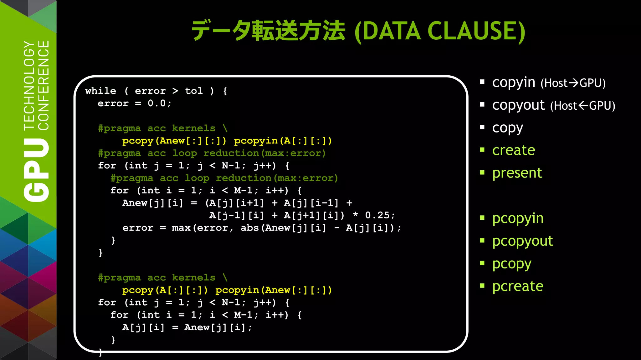 データ転送方法 (DATA CLAUSE)
 copyin (HostGPU)
 copyout (HostGPU)
 copy
 create
 present
 pcopyin
 pcopyout
 pcopy
 pcreate
while ( error > tol ) {
error = 0.0;
#pragma acc kernels 
pcopy(Anew[:][:]) pcopyin(A[:][:])
#pragma acc loop reduction(max:error)
for (int j = 1; j < N-1; j++) {
#pragma acc loop reduction(max:error)
for (int i = 1; i < M-1; i++) {
Anew[j][i] = (A[j][i+1] + A[j][i-1] +
A[j-1][i] + A[j+1][i]) * 0.25;
error = max(error, abs(Anew[j][i] - A[j][i]);
}
}
#pragma acc kernels 
pcopy(A[:][:]) pcopyin(Anew[:][:])
for (int j = 1; j < N-1; j++) {
for (int i = 1; i < M-1; i++) {
A[j][i] = Anew[j][i];
}
}
 