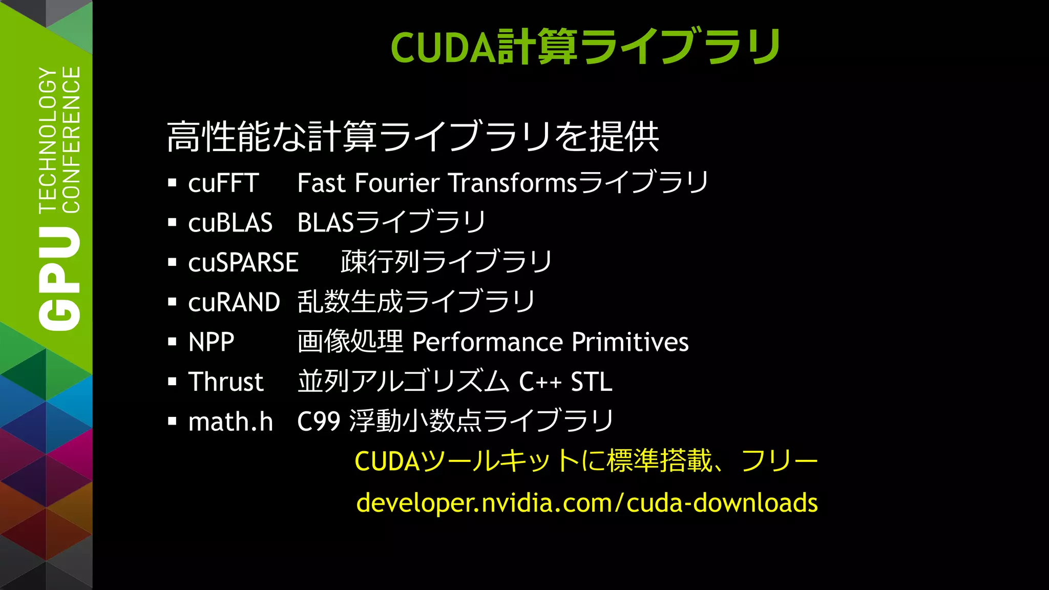 CUDA計算ライブラリ
高性能な計算ライブラリを提供
 cuFFT Fast Fourier Transformsライブラリ
 cuBLAS BLASライブラリ
 cuSPARSE 疎行列ライブラリ
 cuRAND 乱数生成ライブラリ
 NPP 画像処理 Performance Primitives
 Thrust 並列アルゴリズム C++ STL
 math.h C99 浮動小数点ライブラリ
CUDAツールキットに標準搭載、フリー
developer.nvidia.com/cuda-downloads
 