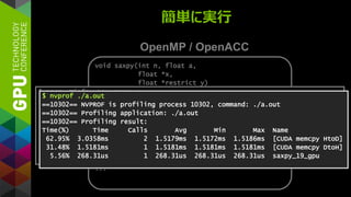 簡単に実行
OpenMP / OpenACC
void saxpy(int n, float a,
float *x,
float *restrict y)
{
#pragma acc kernels copy(y[:n]) copyin(x[:n])
#pragma omp parallel for
for (int i = 0; i < n; ++i)
y[i] += a*x[i];
}
...
saxpy(N, 3.0, x, y);
...
$ pgcc -Minfo -acc saxpy.c
saxpy:
16, Generating present_or_copy(y[:n])
Generating present_or_copyin(x[:n])
Generating Tesla code
19, Loop is parallelizable
Accelerator kernel generated
19, #pragma acc loop gang, vector(128) /* blockIdx.x threadIdx.x */
$ nvprof ./a.out
==10302== NVPROF is profiling process 10302, command: ./a.out
==10302== Profiling application: ./a.out
==10302== Profiling result:
Time(%) Time Calls Avg Min Max Name
62.95% 3.0358ms 2 1.5179ms 1.5172ms 1.5186ms [CUDA memcpy HtoD]
31.48% 1.5181ms 1 1.5181ms 1.5181ms 1.5181ms [CUDA memcpy DtoH]
5.56% 268.31us 1 268.31us 268.31us 268.31us saxpy_19_gpu
 
