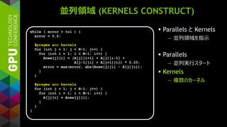 並列領域 (KERNELS CONSTRUCT)
 Parallels と Kernels
— 並列領域を指示
 Parallels
— 並列実行スタート
 Kernels
— 複数のカーネル
while ( error > tol ) {
error = 0.0;
#pragma acc kernels
for (int j = 1; j < N-1; j++) {
for (int i = 1; i < M-1; i++) {
Anew[j][i] = (A[j][i+1] + A[j][i-1] +
A[j-1][i] + A[j+1][i]) * 0.25;
error = max(error, abs(Anew[j][i] - A[j][i]);
}
}
#pragma acc kernels
for (int j = 1; j < N-1; j++) {
for (int i = 1; i < M-1; i++) {
A[j][i] = Anew[j][i];
}
}
}
 