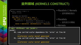並列領域 (KERNELS CONSTRUCT)
 Parallels と Kernels
— 並列領域を指示
 Parallels
— 並列走行の開始
 Kernels
— 複数のGPUカーネル
while ( error > tol ) {
error = 0.0;
#pragma acc kernels
for (int j = 1; j < N-1; j++) {
for (int i = 1; i < M-1; i++) {
Anew[j][i] = (A[j][i+1] + A[j][i-1] +
A[j-1][i] + A[j+1][i]) * 0.25;
error = max(error, abs(Anew[j][i] - A[j][i]);
}
}
#pragma acc kernels
for (int j = 1; j < N-1; j++) {
for (int i = 1; i < M-1; i++) {
A[j][i] = Anew[j][i];
}
}
}
$ pgcc -Minfo=acc -acc jacobi.c
jacobi:
60, Loop carried scalar dependence for 'error' at line 64
...
Accelerator scalar kernel generated
61, Loop carried scalar dependence for 'error' at line 64
...
Accelerator scalar kernel generated
 