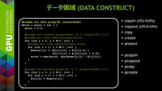 データ領域 (DATA CONSTRUCT)
 copyin (CPUGPU)
 copyout (CPUGPU)
 copy
 create
 present
 pcopyin
 pcopyout
 pcopy
 pcreate
#pragma acc data pcopy(A) create(Anew)
while ( error > tol ) {
error = 0.0;
#pragma acc kernels pcopy(Anew[:][:]) pcopyin(A[:][:])
#pragma acc loop reduction(max:error)
for (int j = 1; j < N-1; j++) {
#pragma acc loop reduction(max:error)
for (int i = 1; i < M-1; i++) {
Anew[j][i] = (A[j][i+1] + A[j][i-1] +
A[j-1][i] + A[j+1][i]) * 0.25;
error = max(error, abs(Anew[j][i] - A[j][i]);
}
}
#pragma acc kernels pcopy(A[:][:]) pcopyin(Anew[:][:])
for (int j = 1; j < N-1; j++) {
for (int i = 1; i < M-1; i++) {
A[j][i] = Anew[j][i];
}
}
}
 