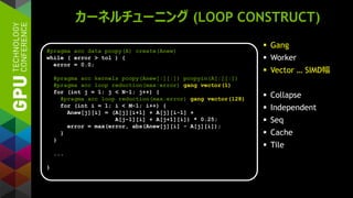 カーネルチューニング (LOOP CONSTRUCT)
 Gang
 Worker
 Vector … SIMD幅
 Collapse
 Independent
 Seq
 Cache
 Tile
#pragma acc data pcopy(A) create(Anew)
while ( error > tol ) {
error = 0.0;
#pragma acc kernels pcopy(Anew[:][:]) pcopyin(A[:][:])
#pragma acc loop reduction(max:error) gang vector(1)
for (int j = 1; j < N-1; j++) {
#pragma acc loop reduction(max:error) gang vector(128)
for (int i = 1; i < M-1; i++) {
Anew[j][i] = (A[j][i+1] + A[j][i-1] +
A[j-1][i] + A[j+1][i]) * 0.25;
error = max(error, abs(Anew[j][i] - A[j][i]);
}
}
...
}
 