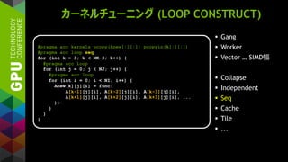 カーネルチューニング (LOOP CONSTRUCT)
 Gang
 Worker
 Vector … SIMD幅
 Collapse
 Independent
 Seq
 Cache
 Tile
 ...
#pragma acc kernels pcopy(Anew[:][:]) pcopyin(A[:][:])
#pragma acc loop seq
for (int k = 3; k < NK-3; k++) {
#pragma acc loop
for (int j = 0; j < NJ; j++) {
#pragma acc loop
for (int i = 0; i < NI; i++) {
Anew[k][j][i] = func(
A[k-1][j][i], A[k-2][j][i], A[k-3][j][i],
A[k+1][j][i], A[k+2][j][i], A[k+3][j][i], ...
);
}
}
}
 
