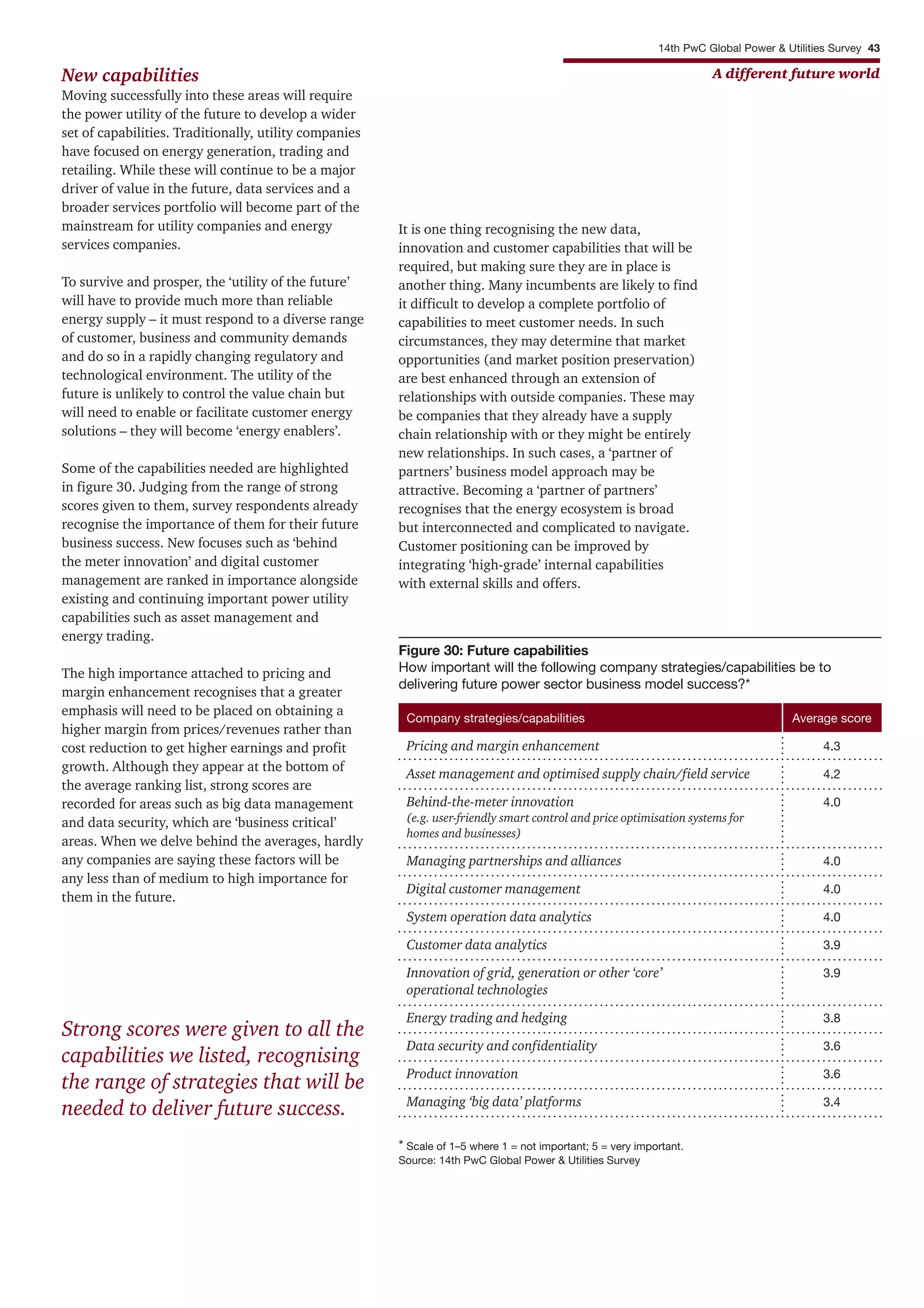 14th PwC Global Power & Utilities Survey 43
A different future worldNew capabilities
Moving successfully into these areas will require
the power utility of the future to develop a wider
set of capabilities. Traditionally, utility companies
have focused on energy generation, trading and
retailing. While these will continue to be a major
driver of value in the future, data services and a
broader services portfolio will become part of the
mainstream for utility companies and energy
services companies.
To survive and prosper, the ‘utility of the future’
will have to provide much more than reliable
energy supply – it must respond to a diverse range
of customer, business and community demands
and do so in a rapidly changing regulatory and
technological environment. The utility of the
future is unlikely to control the value chain but
will need to enable or facilitate customer energy
solutions – they will become ‘energy enablers’.
Some of the capabilities needed are highlighted
in figure 30. Judging from the range of strong
scores given to them, survey respondents already
recognise the importance of them for their future
business success. New focuses such as ‘behind
the meter innovation’ and digital customer
management are ranked in importance alongside
existing and continuing important power utility
capabilities such as asset management and
energy trading.
The high importance attached to pricing and
margin enhancement recognises that a greater
emphasis will need to be placed on obtaining a
higher margin from prices/revenues rather than
cost reduction to get higher earnings and profit
growth. Although they appear at the bottom of
the average ranking list, strong scores are
recorded for areas such as big data management
and data security, which are ‘business critical’
areas. When we delve behind the averages, hardly
any companies are saying these factors will be
any less than of medium to high importance for
them in the future.
It is one thing recognising the new data,
innovation and customer capabilities that will be
required, but making sure they are in place is
another thing. Many incumbents are likely to find
it difficult to develop a complete portfolio of
capabilities to meet customer needs. In such
circumstances, they may determine that market
opportunities (and market position preservation)
are best enhanced through an extension of
relationships with outside companies. These may
be companies that they already have a supply
chain relationship with or they might be entirely
new relationships. In such cases, a ‘partner of
partners’ business model approach may be
attractive. Becoming a ‘partner of partners’
recognises that the energy ecosystem is broad
but interconnected and complicated to navigate.
Customer positioning can be improved by
integrating ‘high-grade’ internal capabilities
with external skills and offers.
Figure 30: Future capabilities
How important will the following company strategies/capabilities be to
delivering future power sector business model success?*
* Scale of 1–5 where 1 = not important; 5 = very important.
Source: 14th PwC Global Power & Utilities Survey
Company strategies/capabilities
Pricing and margin enhancement
Asset management and optimised supply chain/field service
Behind-the-meter innovation
(e.g. user-friendly smart control and price optimisation systems for
homes and businesses)
Managing partnerships and alliances
Digital customer management
System operation data analytics
Customer data analytics
Innovation of grid, generation or other ‘core’
operational technologies
Energy trading and hedging
Data security and confidentiality
Product innovation
Managing ‘big data’ platforms
Average score
4.3
4.2
4.0
4.0
4.0
4.0
3.9
3.9
3.8
3.6
3.6
3.4
Strong scores were given to all the
capabilities we listed, recognising
the range of strategies that will be
needed to deliver future success.
 
