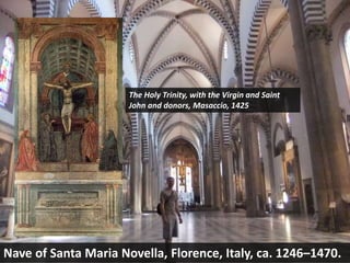 Nave of Santa Maria Novella, Florence, Italy, ca. 1246–1470.
The Holy Trinity, with the Virgin and Saint
John and donors, Masaccio, 1425
 