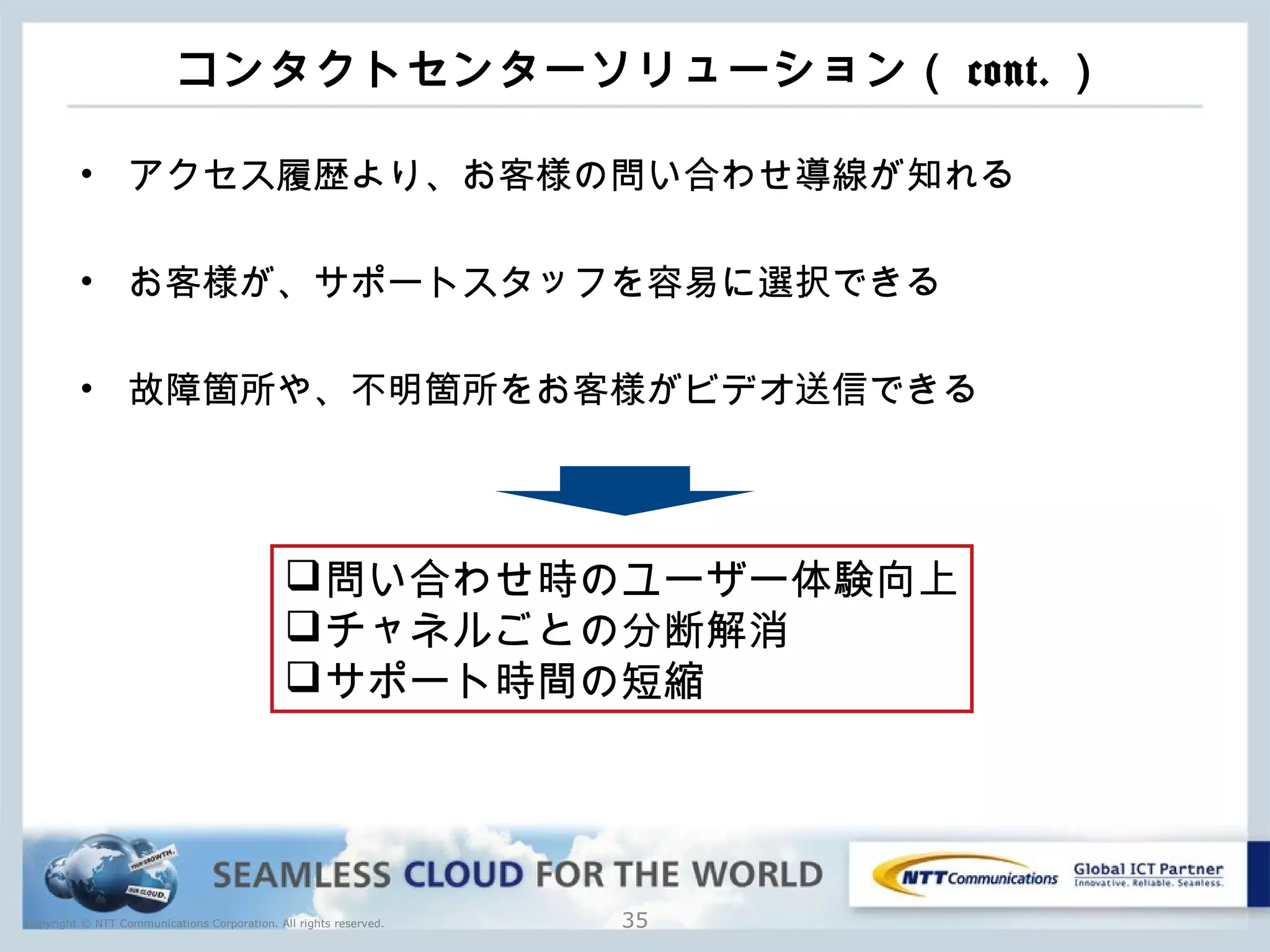 Copyright © NTT Communications Corporation. All rights reserved.
コンタクトセンターソリューション（ cont. ）
• アクセス履歴より、お客様の問い合わせ導線が知れる
• お客様が、サポートスタッフを容易に選択できる
• 故障箇所や、不明箇所をお客様がビデオ送信できる
35
問い合わせ時のユーザー体験向上
チャネルごとの分断解消
サポート時間の短縮
 