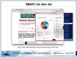 Copyright © NTT Communications Corporation. All rights reserved.
AMEX’s live video chat
17
http://www.mobilemarketer.com/cms/news/video/17185.html
 