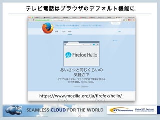 Copyright © NTT Communications Corporation. All rights reserved.
テレビ電話はブラウザのデフォルト機能に
27
https://www.mozilla.org/ja/firefox/hello/
 