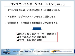 Copyright © NTT Communications Corporation. All rights reserved.
コンタクトセンターソリューション（ cont. ）
• アクセス履歴より、お客様の問い合わせ導線が知れる
• お客様が、サポートスタッフを容易に選択できる
• 故障箇所や、不明箇所をお客様がビデオ送信できる
35
問い合わせ時のユーザー体験向上
チャネルごとの分断解消
サポート時間の短縮
 