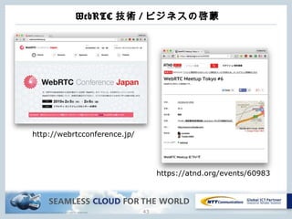 Copyright © NTT Communications Corporation. All rights reserved.
WebRTC 技術 / ビジネスの啓蒙
43
http://webrtcconference.jp/
https://atnd.org/events/60983
 