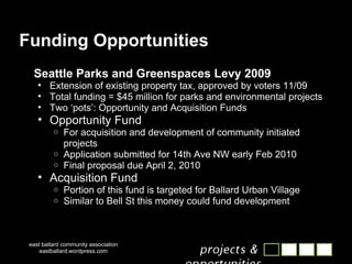 Funding Opportunities Seattle Parks and Greenspaces Levy 2009 Extension of existing property tax, approved by voters 11/09 Total funding = $45 million for parks and environmental projects Two ‘pots’: Opportunity and Acquisition Funds Opportunity Fund For acquisition and development of community initiated projects Application submitted for 14th Ave NW early Feb 2010 Final proposal due April 2, 2010 Acquisition Fund Portion of this fund is targeted for Ballard Urban Village Similar to Bell St this money could fund development east ballard community association eastballard.wordpress.com 