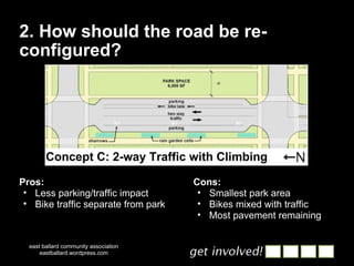 2. How should the road be re-configured? east ballard community association eastballard.wordpress.com Cons: Smallest park area Bikes mixed with traffic Most pavement remaining Pros: Less parking/traffic impact Bike traffic separate from park Concept C: 2-way Traffic with Climbing Lane 