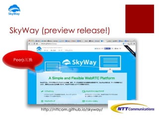 SkyWay (preview release!)

Peerjs互換

http://nttcom.github.io/skyway/

 