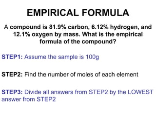 A compound is 81.9% carbon, 6.12% hydrogen, and
12.1% oxygen by mass. What is the empirical
formula of the compound?
STEP1: Assume the sample is 100g
STEP2: Find the number of moles of each element
STEP3: Divide all answers from STEP2 by the LOWEST
answer from STEP2
EMPIRICAL FORMULA
 